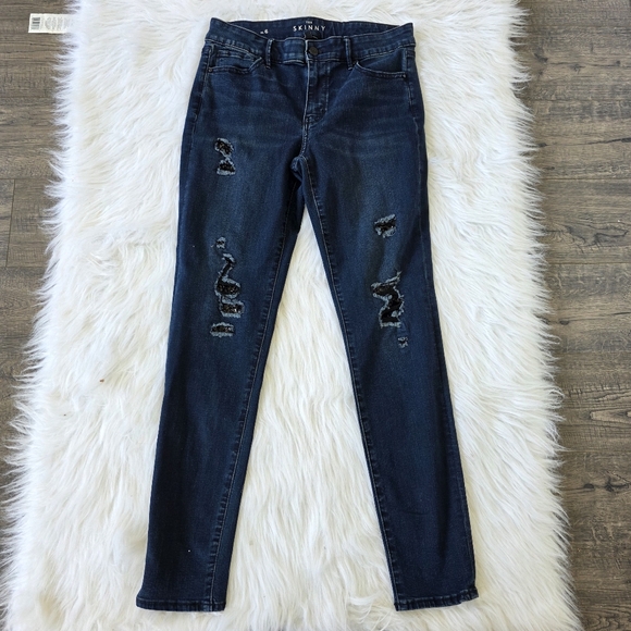 White House Black Market Sequin Distressed Blue Skinny Jeans Size 6 - Picture 1 of 5